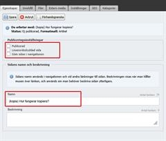 Fliken Egenskaper - Publiceringsinställningar och Namn